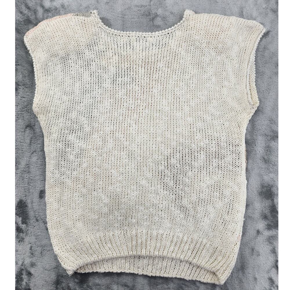 Vintage Erika Sweater Womens S‎ Beige Linen Floral Pearls Beaded Short Sleeve - Picture 4 of 8